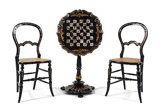 A Victorian Parcel Gilt and Mother-of-Pearl Inlaid Gaming Suite Height of chairs 33 1/2 inches.
