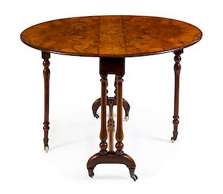 A Victorian Burlwood Drop-Leaf Table Height 28 x width 35 1/4 x depth 6 1/2 inches (closed).