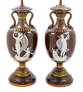 A Pair of Mintons Pate-sur-Pate Vases Height of porcelain 16 inches.