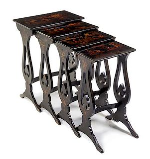 A Set of Four English Chinoiserie Decorated Nesting Tables Height of tallest 27 inches.