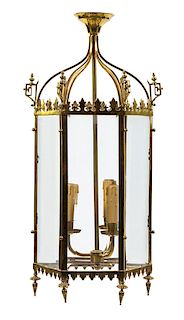 A Brass Three-Light Hall Lantern Height 48 inches.