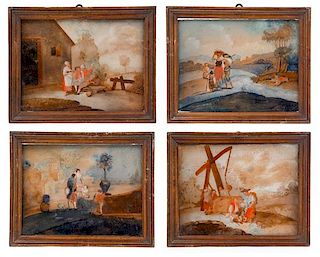 A Set of Four English Reverse Paintings on Glass Height 7 1/4 x width 10 inches.