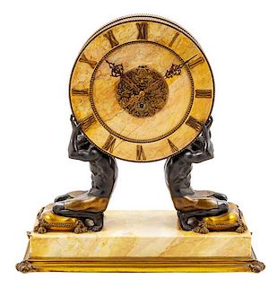 A Sienna Marble and Bronze Mantel Clock Height 19 1/2 x width 19 1/4 x 8 inches.