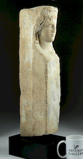 Tall Roman Marble Pillar W/ Head Of Goddess