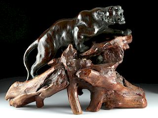  Signed Japanese Meiji Bronze Sculpture - Roaring Tiger