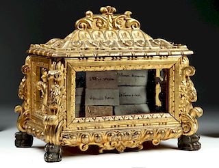 19th C. Italian Gilded Wood / Glass Reliquary Cabinet
