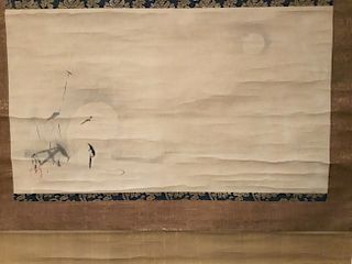 Japanese Scroll, Moon and White Heron by Kano Naonobu