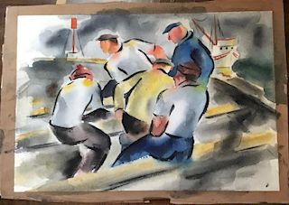 Watercolor, Fishermen on Dock, Sam Colburn  (1909-1993)