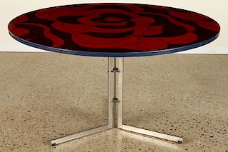 ROUND POLISHED STEEL TABLE LACQUERED TOP C.1970