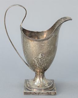Federal silver creamer on square footed base, marked: W.V.B., late 18th to early 19th century. height 6 1/2 in.
