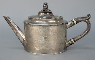 Silver tea pot with pineapple finial, marked: Bayley, Simeon Bayley N.Y. 1789,monogrammed. height 6 1/2 in., 24.1 troy ounces