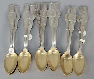 Set of twelve N. Harding Boston coin silver teaspoons, monogrammed with gold washed bowls. 
8.7 total troy ounces