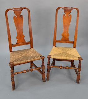 Pair of Queen Anne rush seat chairs with Spanish feet. 
seat height 16 1/2 in., total height 41 in., 
seat height 17 in., total heig...