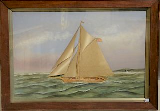 Thomas Willis (1850-1925), mixed media oil and silk, Sloop off Coast with Lighthouse, signed dated lower right: T. Willis 1907, 16" ...