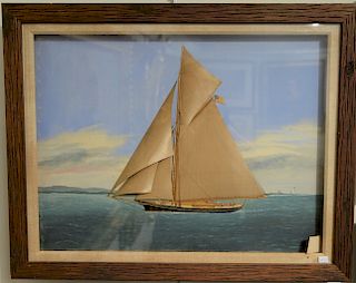 Attributed to Thomas Willis (1850-1925), mixed media oil and silk on canvas, Sloop of Coast with Blue Skies, unsigned, 18 1/2" x 24 ...