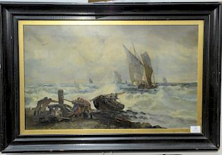 Crew Pulling Up, oil on canvas, row boat in rough seas with sailboats, unsigned, having old paper label on verso,16 1/2" x 27"