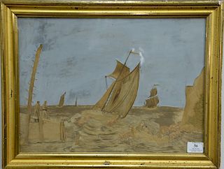 Silk needlework scene of sailing boats and row boat with painted sky. 
13 1/2" x 18"