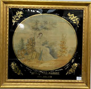 Silk needlework and watercolor of girl in chair having book with black and gilt reverse painted surround, marked: Done by Ann Mahony...