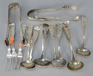 Seventeen piece lot of N. Harding Boston coin silver including three 2-tine forks, nine small ladles, and four tongs.  12.4 total...