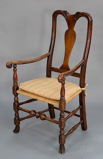 Queen Anne great chair with newer rush seat and oak stretcher.  height 44 in