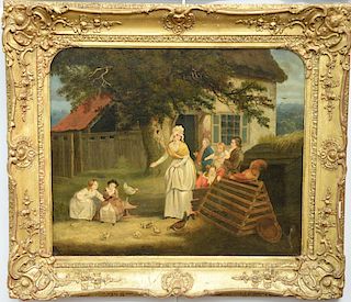 English School, oil on canvas, Country Landscape Family, outside playing with chickens, relined, 19th century, 20" x 24"