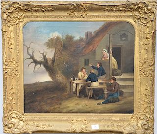 Oil on canvas, Smoking Pipes Outside Country House, unsigned, 19th century, 20" x 24"