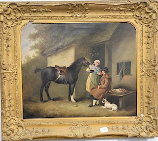 Oil on canvas, Stopping by For a Drink, English scene with horse and dog, unsigned, 19th century, 20" x 24"