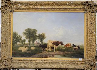 Country farm landscape with cows and sheep
oil on canvas 
in period frame 
19th century 
28" x 42"