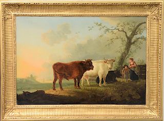Oil on canvas, 
Country Farm landscape with cow and bull, 
unsigned, 
relined in gilt frame, 
19th century, 
20 3/4" x 29 1/2"