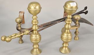 Four piece lot including a pair of Federal cannonball top andirons with log stops along with two near matching tools, probably Bosto...