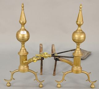 Four piece lot to include a pair of Federal steeple top andirons and two steeple top fire tools, circa 1830. 
andirons: height 23 1/...
