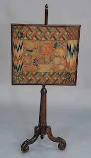 Pole screen with wool work and needlepoint panel. 
height 43 1/2 in., screen size: 16 3/4" x 18 1/4"