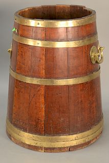 George III barrel form container with slatted sides held with brass bindings and handle (one handle missing, original bottom is avai...