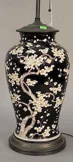 Famille Noire Chinese baluster porcelain vase made into table lamp with apple blossom enameled design, made into a table lamp. 
vase...