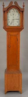Federal cherry tall clock having wooden works and painted wood dial, interior with blue/green paint. 
height 83 in.