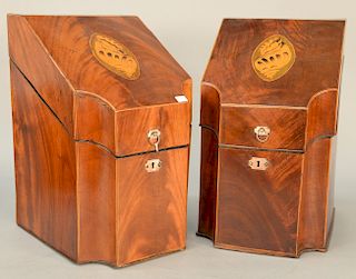 Pair of mahogany knife boxes with conch shell inlaid lids, England 19th century. 
height 15 inches, width 8 3/4 inches