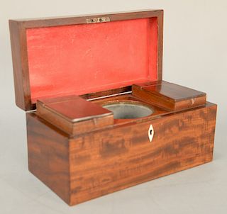 Mahogany tea box with two interior lift tops. 
height 6 in., top: 6" x 12"