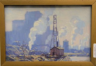 Everett Warner (1877-1963),  oil on board,  "Below Riverside Drive",  industrial factory scene,  signed lower right: Everett...