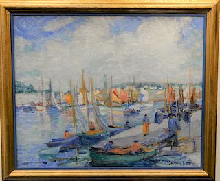 French Harbor, oil on canvas, signed illegibly, 24" x 30"