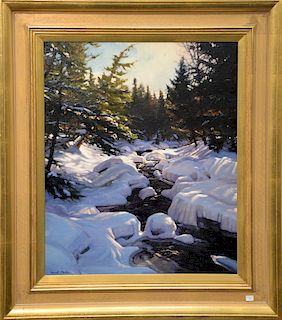 Ronal Parlin (20th Century), oil on board, Snowy Stream Rising Sun, signed lower left: Ronal Parlin, 24" x 20"