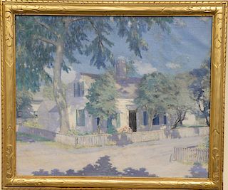 Large oil on canvas, house with white picket fence, unsigned, possibly Longacre, in gilt frame, 25" x 30".