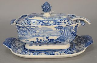 Staffordshire blue and white covered tureen and underplate along with unmatched ladle (small interior chip, faint hairlines in botto...
