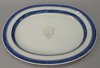 Chinese export deep platter having blue and gold borders and monogrammed shield in middle, 18th century. 
17" x 20 1/4"