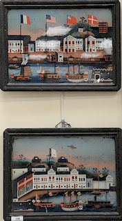 Pair of reverse paintings on glass with ships and junks in harbor at Canton, 18th/19th century. 
10" x 14 1/2" 
Provenance: Estate o...
