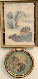 Group of seven Oriental paintings including watercolor on paper of a bird perched on limb, round watercolor on silk mountainous land...
