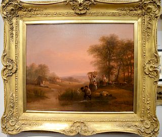 A. Beattie, oil on canvas, Sunset Landscape, farming family, relined, previously signed on verso: A. Beattie Feb 1854 (photographed ...
