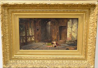 Oil on canvas, Sorrow Over Cavalier, interior castle scene having wounded cavalier with woman, unsigned, 8" x 14"