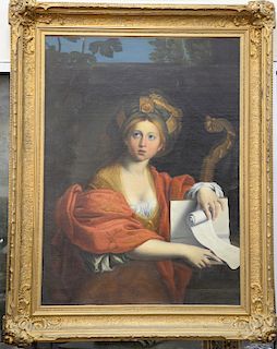 Large oil on canvas portrait painting of a girl with red robe holding a rolled music sheet, in large gold frame, 18th/19th century. ...