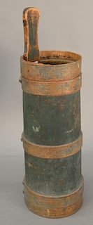 Primitive butter churn with piggin handle in old blue paint. 
height 28 in., top diameter 8 in.