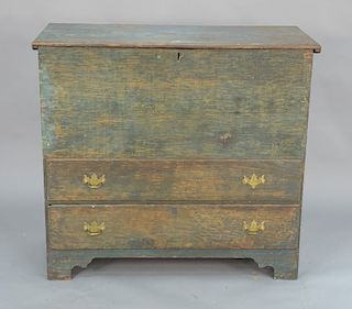 Chippendale blanket chest with lift top and two drawers on bracket base (retaining some blue paint). 
height 40 in., top: 18 1/2" x ...